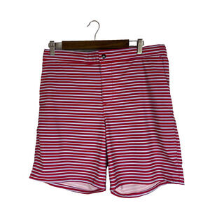 Lands End Board Shorts Swim Trunks Sz M Red Striped Drawstring Mesh-Lined